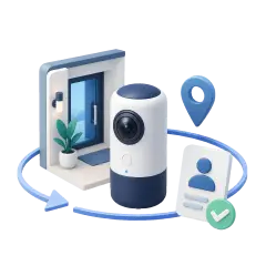 Soft-3D-Illustration mit 360-Grad-Kamera, Rundumblick-Linie und Standort-Pin zur Eignung eines 360-Grad-Rundgangs