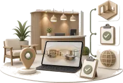 Soft-3D-Visual mit vorbereitetem Kundenbereich, Tablet-Panorama, Standort-Pin und Freigabe-Symbol für den Ablauf eines 360° Rundgangs