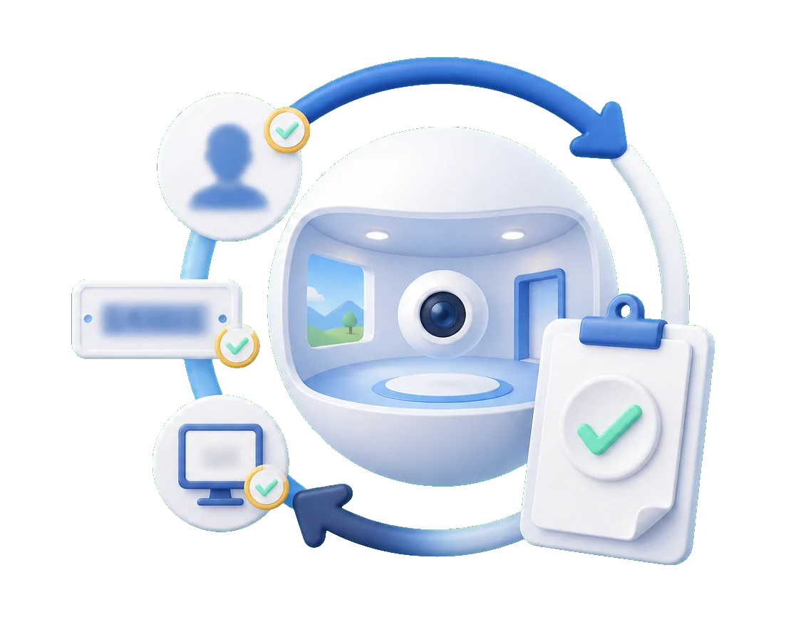 Soft-3D-Visual mit Panorama-Raum, unscharfen Prüfmarkern, Kennzeichen-Symbol, Monitor und Freigabe-Check für Datenschutz bei 360° Rundgängen