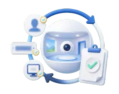 Soft-3D-Visual mit Panorama-Raum, unscharfen Prüfmarkern, Kennzeichen-Symbol, Monitor und Freigabe-Check für Datenschutz bei 360° Rundgängen