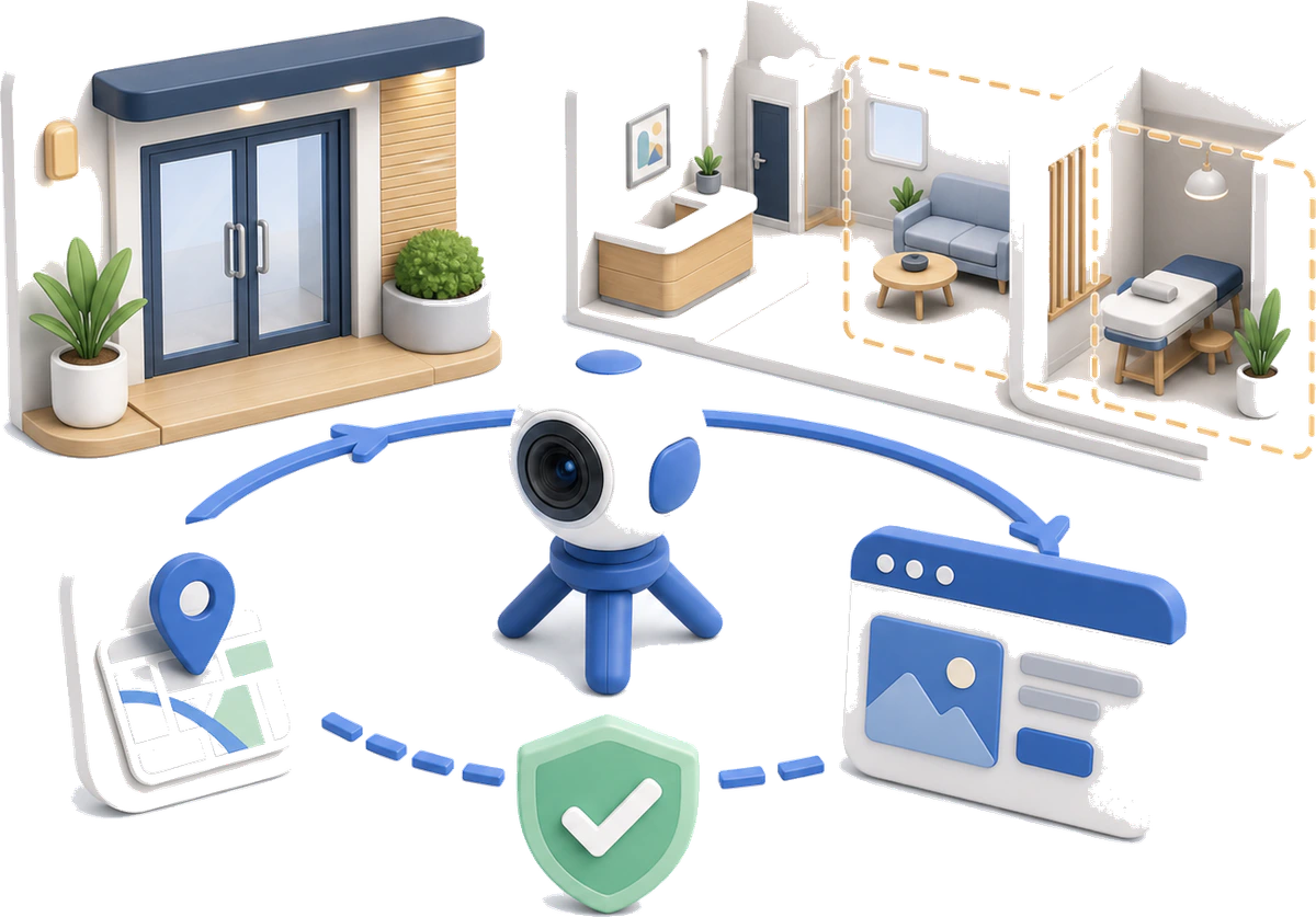 Soft-3D-Illustration mit 360°-Kamera, Innenraum, Karten-Pin, Website-Kachel und Freigabe-Symbol zur Anbieterwahl für einen Rundgang