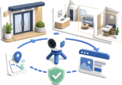 Soft-3D-Illustration mit 360°-Kamera, Innenraum, Karten-Pin, Website-Kachel und Freigabe-Symbol zur Anbieterwahl für einen Rundgang