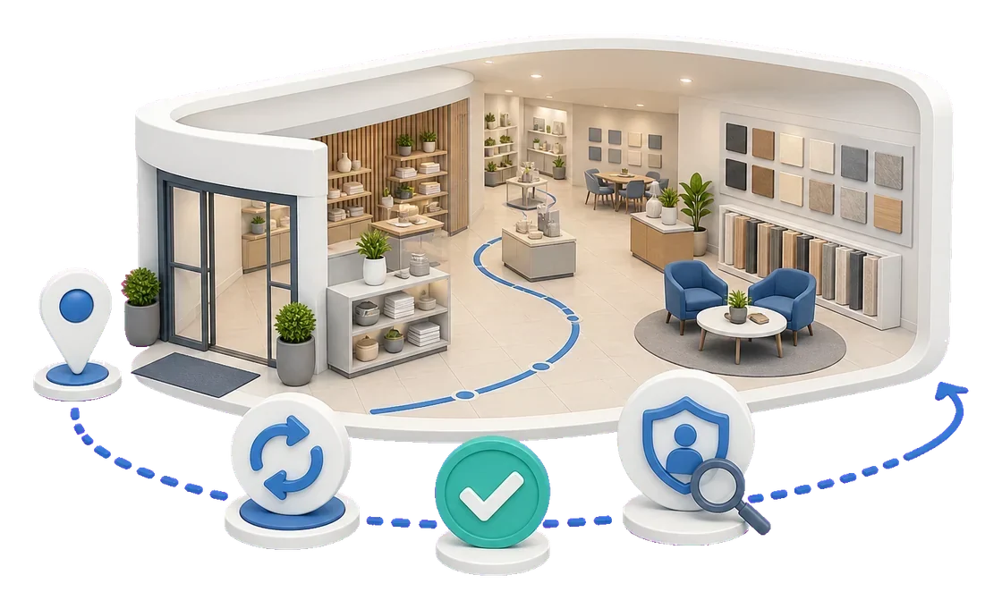 Soft-3D-Visual mit lokaler Verkaufsfläche, Showroom, Laufweg, Produktzonen, Standort-Pin und Freigabe-Symbol für die Eignung eines 360° Rundgangs