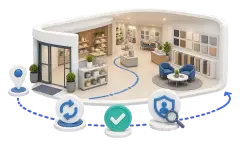 Soft-3D-Visual mit lokaler Verkaufsfläche, Showroom, Laufweg, Produktzonen, Standort-Pin und Freigabe-Symbol für die Eignung eines 360° Rundgangs