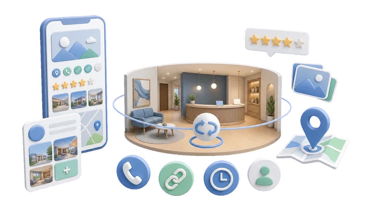 Soft-3D-Visual mit Google-Profil-ähnlicher Profilkarte, 360°-Innenraum, Fotos, Bewertungen, Route, Anruf und Website-Link als zusammenhängender Google-Auftritt
