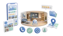 Soft-3D-Visual mit Google-Profil-ähnlicher Profilkarte, 360°-Innenraum, Fotos, Bewertungen, Route, Anruf und Website-Link als zusammenhängender Google-Auftritt