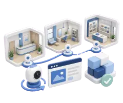 Soft-3D-Illustration mit Raumsequenz, Panorama-Punkten, Website-Kachel, Kamera, Standort-Pin und Check-Symbol zur Einordnung von 360° Rundgang Kosten