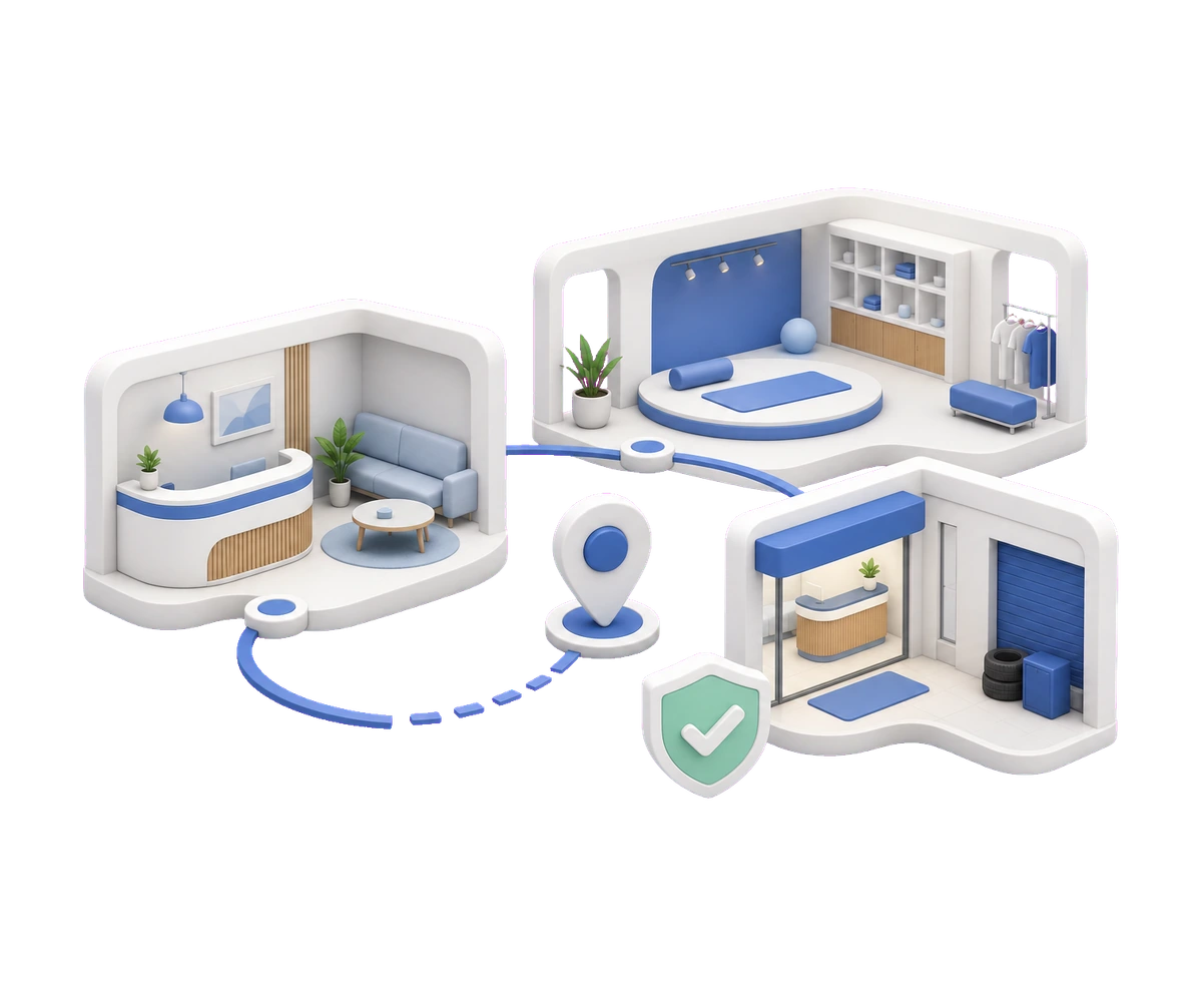 Soft-3D-Illustration mit Empfangsbereich, Studio- oder Showroomfläche, Eingang, Standort-Pin und Schutzschild für einen 360° Rundgang