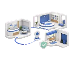 Soft-3D-Illustration mit Empfangsbereich, Studio- oder Showroomfläche, Eingang, Standort-Pin und Schutzschild für einen 360° Rundgang