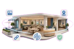 Soft-3D-Visual mit hellem Gastraum, Terrasse, Lobby, 360°-Ring sowie Symbolen für Fotos, Route, Website und Freigabe