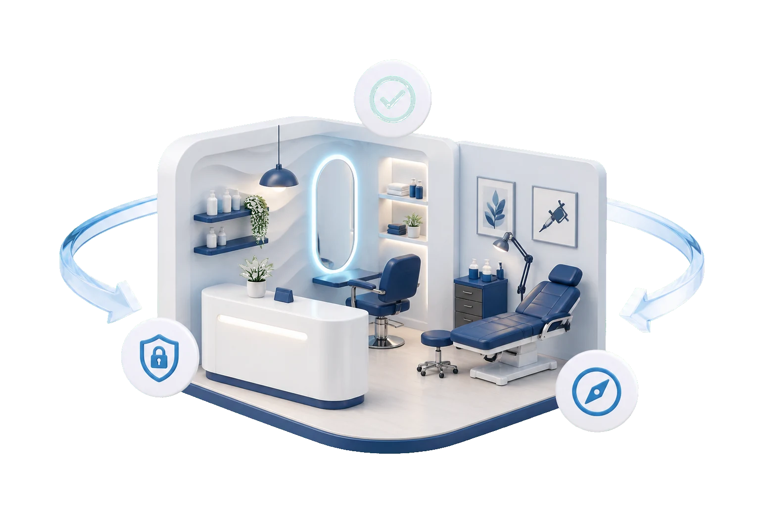 Soft-3D-Visual mit Salon- und Tattoo-Studio, Empfang, Arbeitsplätzen, 360°-Ring und Symbolen für Freigabe und sensible Bereiche
