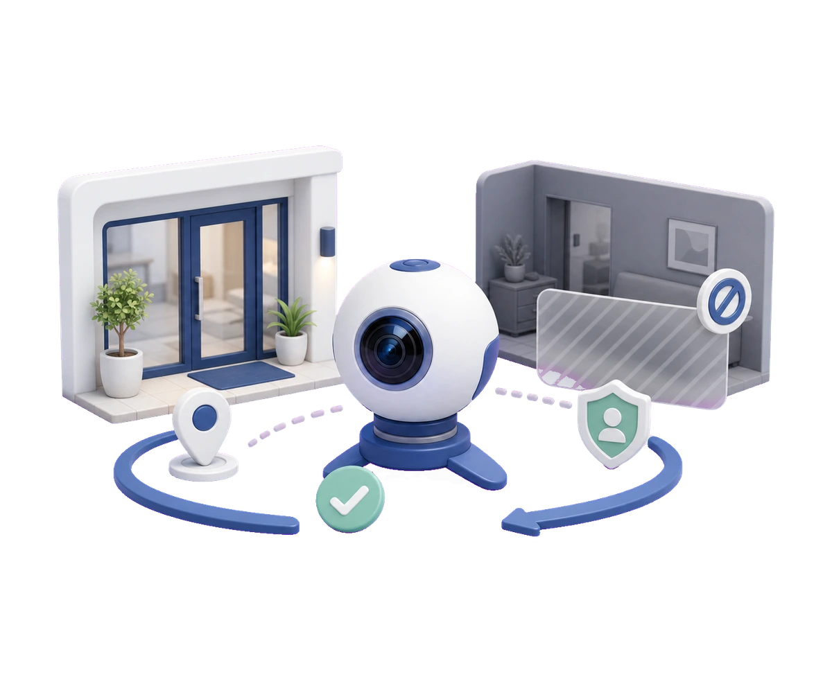 Soft-3D-Illustration mit 360°-Kamera, Innenraum, Standort-Pin, Schutzschild und Freigabe-Symbol zur Vorbereitung eines 360° Rundgangs