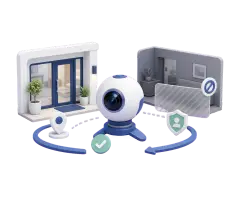 Soft-3D-Illustration mit 360°-Kamera, Innenraum, Standort-Pin, Schutzschild und Freigabe-Symbol zur Vorbereitung eines 360° Rundgangs