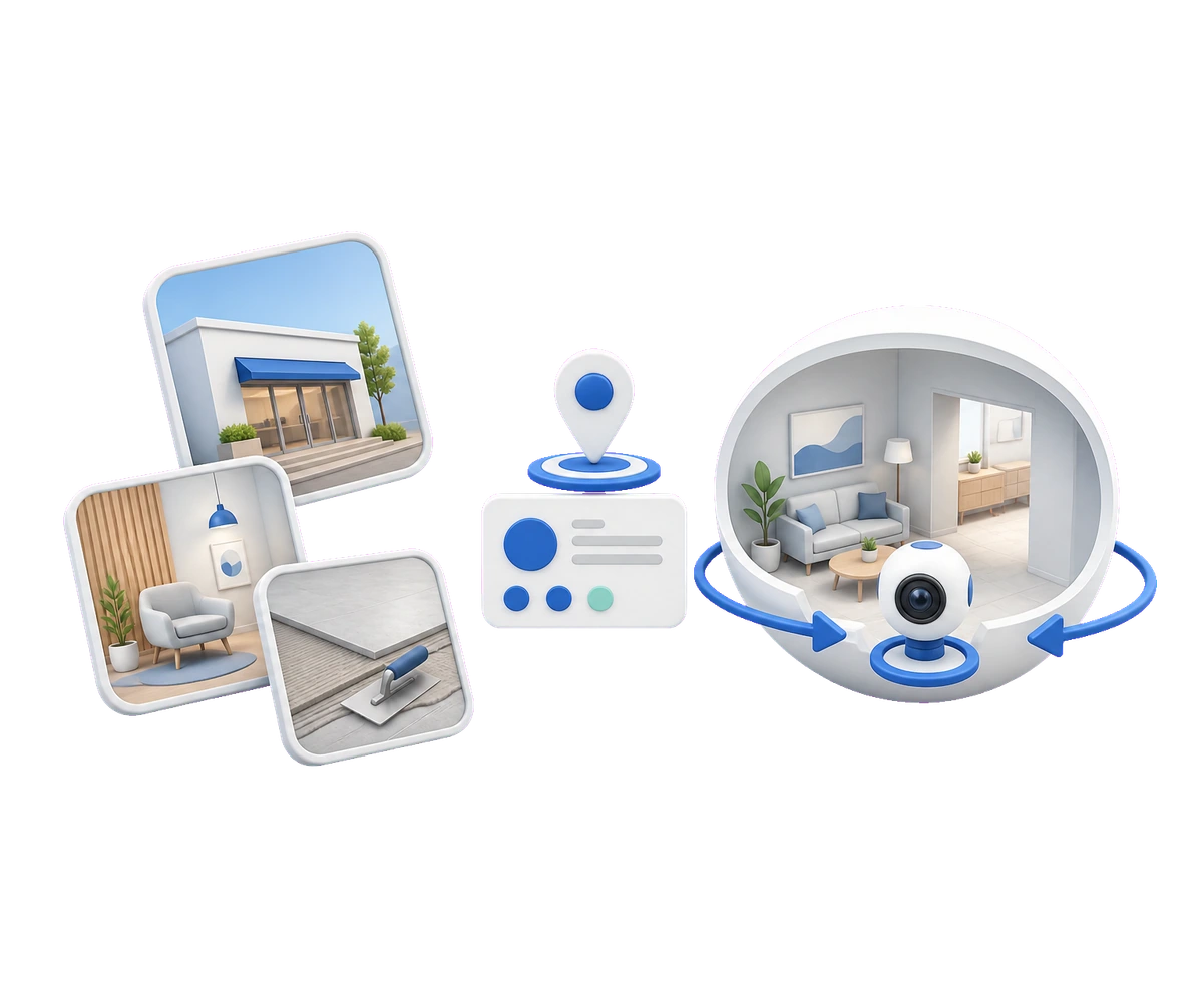 Soft-3D-Illustration mit kuratierten Bildkacheln, Profilkarte, Standort-Pin und 360°-Kugel zur Einordnung von Fotos und Rundgang im Google Profil