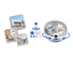 Soft-3D-Illustration mit kuratierten Bildkacheln, Profilkarte, Standort-Pin und 360°-Kugel zur Einordnung von Fotos und Rundgang im Google Profil