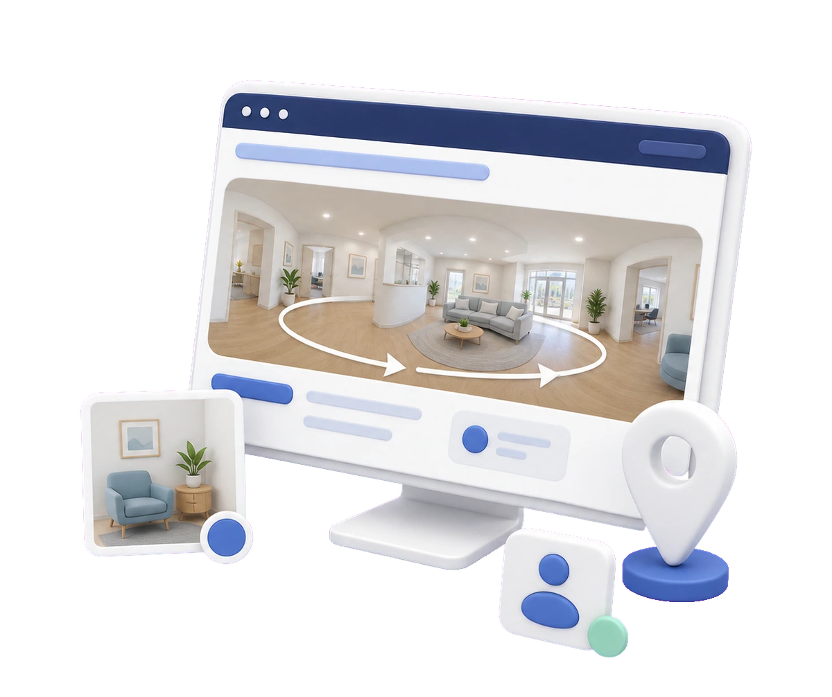Soft-3D-Illustration mit Website-Ansicht, 360°-Raum im Bildschirm, Standort-Pin, Foto-Kachel und Kontaktpunkt zur Einbindung eines Rundgangs