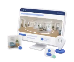 Soft-3D-Illustration mit Website-Ansicht, 360°-Raum im Bildschirm, Standort-Pin, Foto-Kachel und Kontaktpunkt zur Einbindung eines Rundgangs