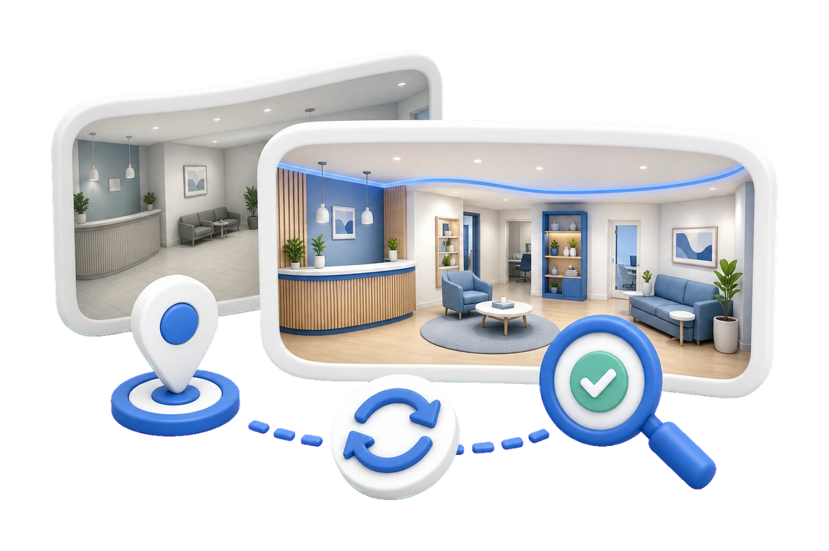 Soft-3D-Illustration mit alter und neuer Panorama-Kachel, Standort-Pin, Update-Pfeil und Lupe zur Prüfung eines alten 360° Rundgangs