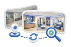 Soft-3D-Illustration mit alter und neuer Panorama-Kachel, Standort-Pin, Update-Pfeil und Lupe zur Prüfung eines alten 360° Rundgangs