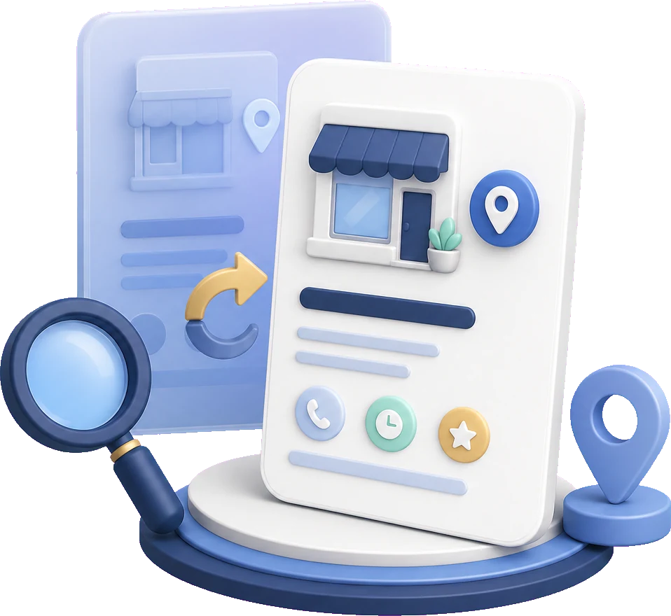 Soft-3D-Illustration mit zwei Profilkarten, Standort-Pin, Lupe und Sortierpfeil zur Prüfung doppelter Google Profile