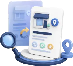 Soft-3D-Illustration mit zwei Profilkarten, Standort-Pin, Lupe und Sortierpfeil zur Prüfung doppelter Google Profile