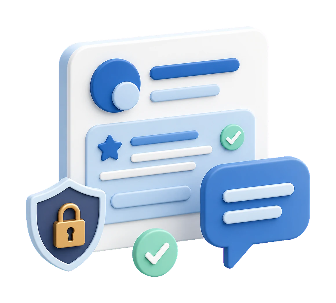 Soft-3D-Illustration mit Profilkarte, Bewertungsbereich, Sprechblase, Schutzschild und Checkmark zum Beantworten von Google Bewertungen