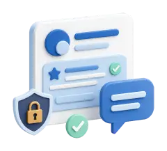 Soft-3D-Illustration mit Profilkarte, Bewertungsbereich, Sprechblase, Schutzschild und Checkmark zum Beantworten von Google Bewertungen