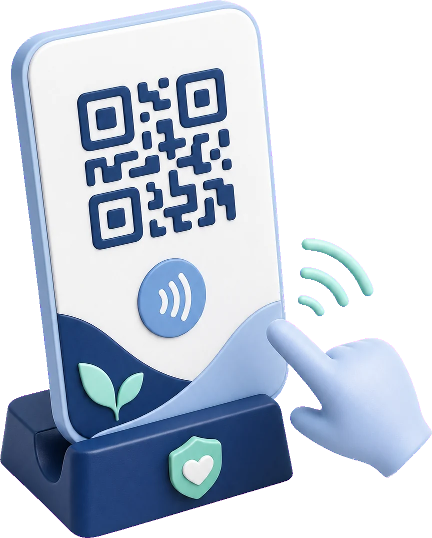 Soft-3D-Visual mit abstrakter Bewertungskarte, QR-Code-Muster, NFC-Symbol und Aufsteller für freiwillige Google-Bewertungen
