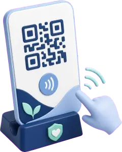 Soft-3D-Visual mit abstrakter Bewertungskarte, QR-Code-Muster, NFC-Symbol und Aufsteller für freiwillige Google-Bewertungen