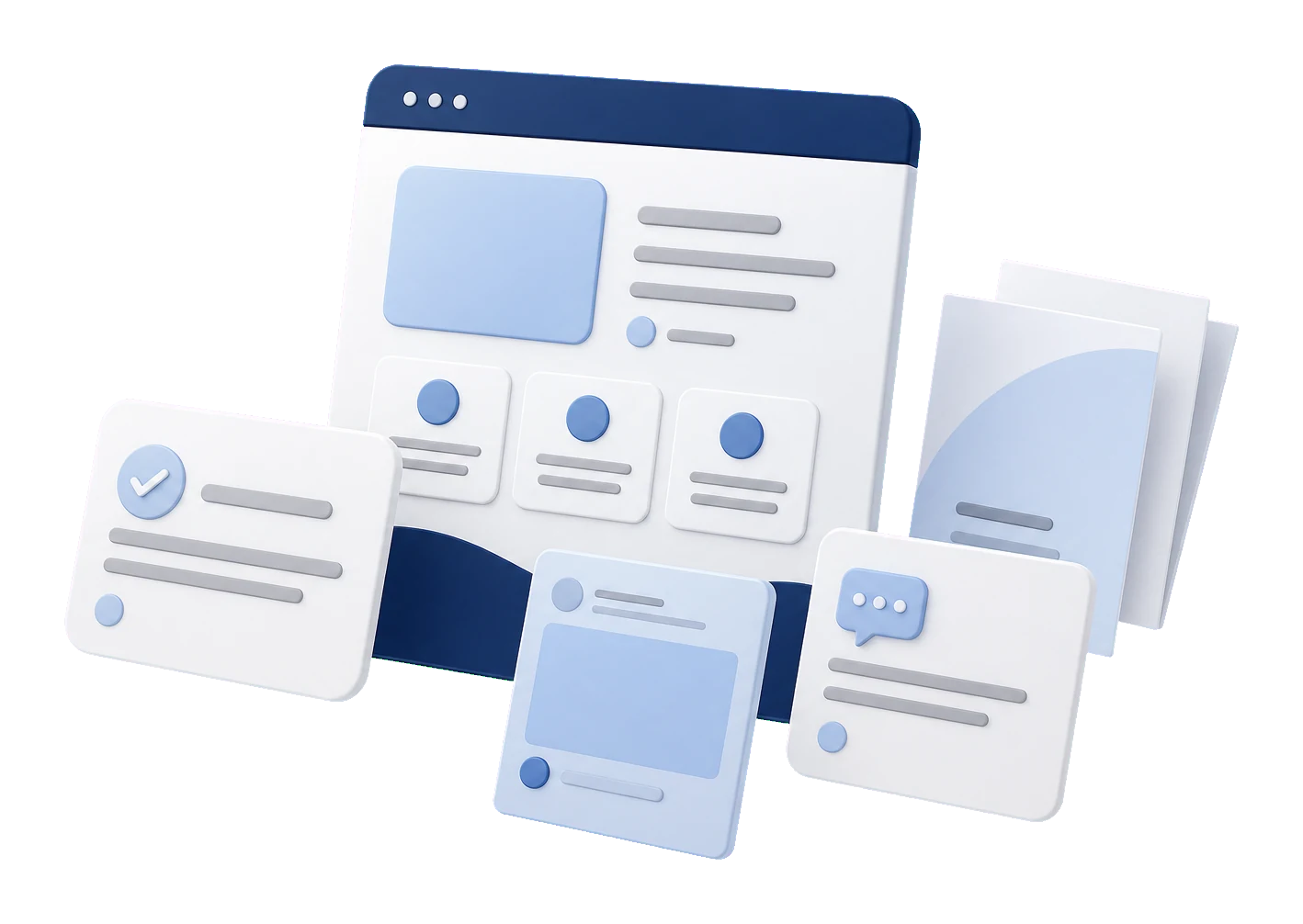 Soft-3D-Visual mit abstrakter Website-Karte, Feedback-Kärtchen und Vertrauenssymbolen für Google-Bewertungen im Marketing