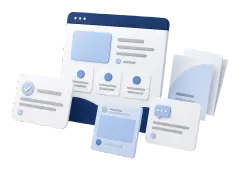 Soft-3D-Visual mit abstrakter Website-Karte, Feedback-Kärtchen und Vertrauenssymbolen für Google-Bewertungen im Marketing