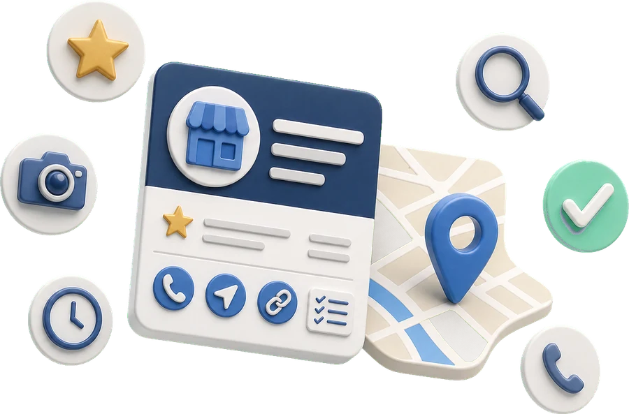 Soft-3D-Illustration mit Profilkarte, Kartenausschnitt, Standort-Pin, Bewertungssymbolen, Foto, Uhr, Website-Link, Route und Lupe zur Prüfung der Google Maps Sichtbarkeit