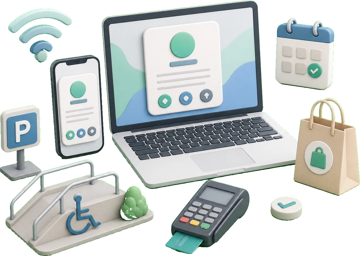 Soft-3D-Visual mit abstrakter Profilkarte und Symbolen für Barrierefreiheit, Kartenzahlung, WLAN, Termin, Parken und Abholung im Google Profil