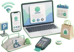 Soft-3D-Visual mit abstrakter Profilkarte und Symbolen für Barrierefreiheit, Kartenzahlung, WLAN, Termin, Parken und Abholung im Google Profil