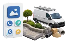 Soft-3D-Visual mit Projektfläche, Servicefahrzeug und abstrakter Profilkarte für Fotos, Bewertungen, Anruf, Website-Link und Servicegebiet