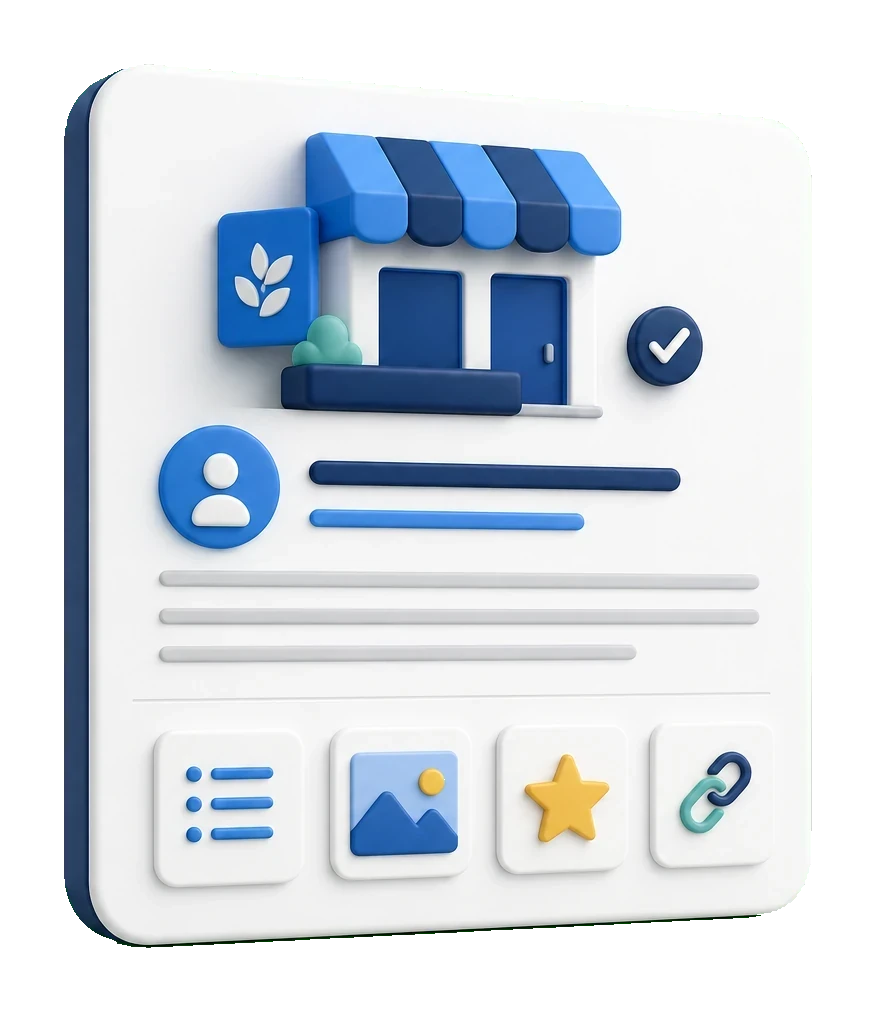 Soft-3D-Illustration mit Profilkarte, kurzem Textblock, Leistungs-, Foto-, Bewertungs- und Website-Symbol zur Beschreibung im Google Profil