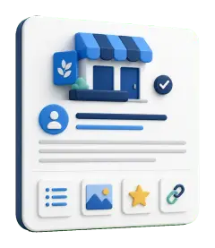 Soft-3D-Illustration mit Profilkarte, kurzem Textblock, Leistungs-, Foto-, Bewertungs- und Website-Symbol zur Beschreibung im Google Profil