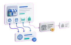 Soft-3D-Visual mit abstrakter Profilkarte, Website-Link, Buchungsweg und markiertem Drittanbieter-Umweg im Google Profil