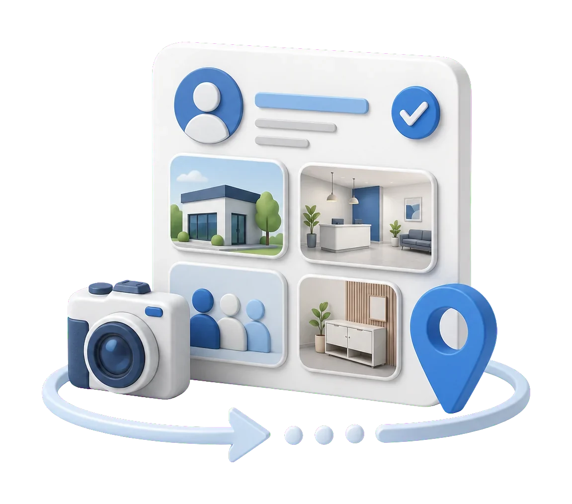 Soft-3D-Illustration mit Profilkarte, Kamera und Bildkacheln für Fotos im Google Profil