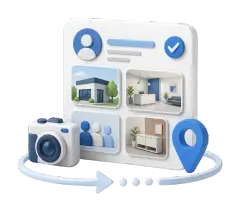 Soft-3D-Illustration mit Profilkarte, Kamera und Bildkacheln für Fotos im Google Profil