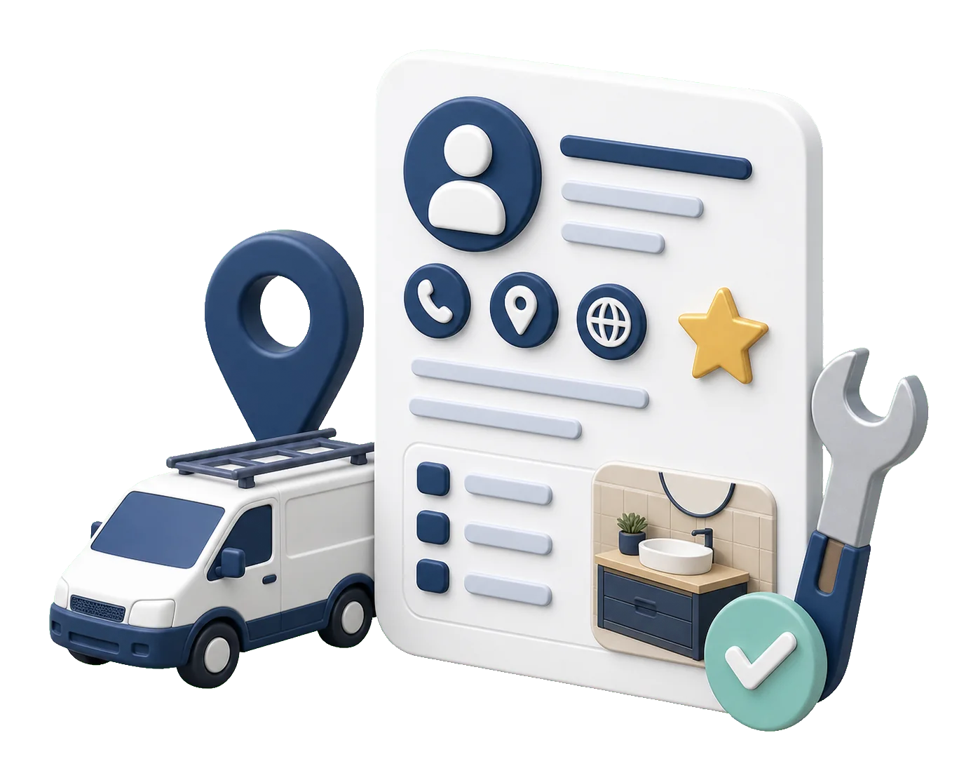 Soft-3D-Illustration mit Profilkarte, Werkzeug, Standort-Pin und Bewertungsstern für ein Google Profil im Handwerk