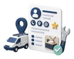 Soft-3D-Illustration mit Profilkarte, Werkzeug, Standort-Pin und Bewertungsstern für ein Google Profil im Handwerk
