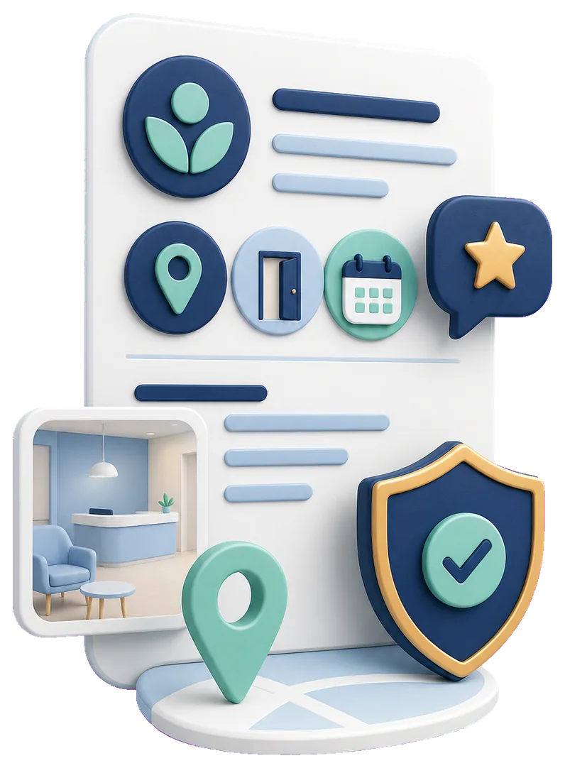 Soft-3D-Illustration mit Praxis-Profilkarte, Standort-Pin, Kalender und Schutzschild für den Google-Auftritt einer Praxis