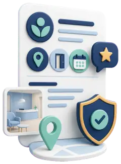Soft-3D-Illustration mit Praxis-Profilkarte, Standort-Pin, Kalender und Schutzschild für den Google-Auftritt einer Praxis