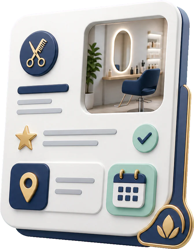 Soft-3D-Illustration mit Salon-Profilkarte, Foto-Kachel, Bewertungsstern und Buchungssymbol für den Google-Auftritt eines Salons