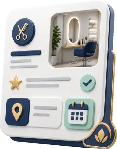 Soft-3D-Illustration mit Salon-Profilkarte, Foto-Kachel, Bewertungsstern und Buchungssymbol für den Google-Auftritt eines Salons