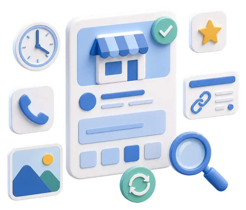 Soft-3D-Illustration mit Profilkarte, Uhr, Bewertungssymbol, Foto, Telefon, Website-Link und Lupe zur laufenden Pflege eines Google Profils