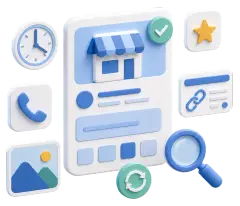 Soft-3D-Illustration mit Profilkarte, Uhr, Bewertungssymbol, Foto, Telefon, Website-Link und Lupe zur laufenden Pflege eines Google Profils