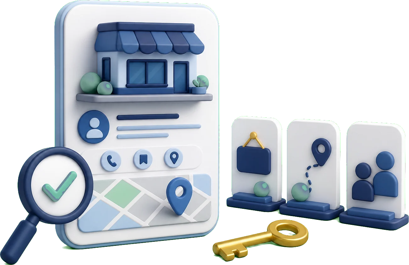 Soft-3D-Illustration mit Profilkarte, Statuskarten, Standort-Pin, Lupe und Schlüssel zur Einordnung von Löschen, Schließen und Entfernen im Google Profil