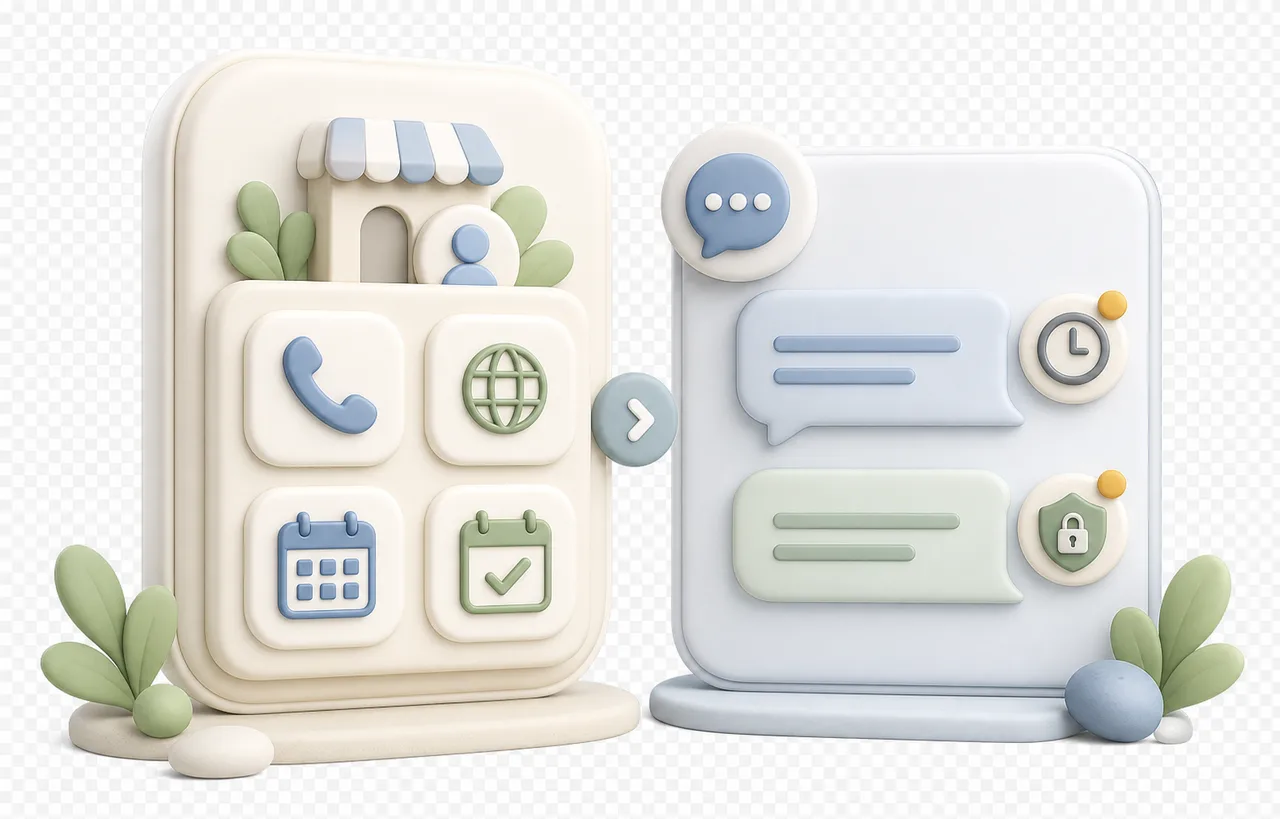 Soft-3D-Visual mit abstrakter Profilkarte, Kontaktoptionen, Chatbereich, Uhr und Schutzsymbol für Kontaktkanäle im Google Profil